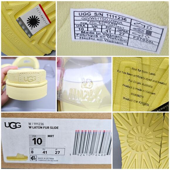 Fuzzy Fur Slides UGG Laton Size 10 Yellow Wool Embroidered Logo Sandal Suede EUC - Picture 8 of 14